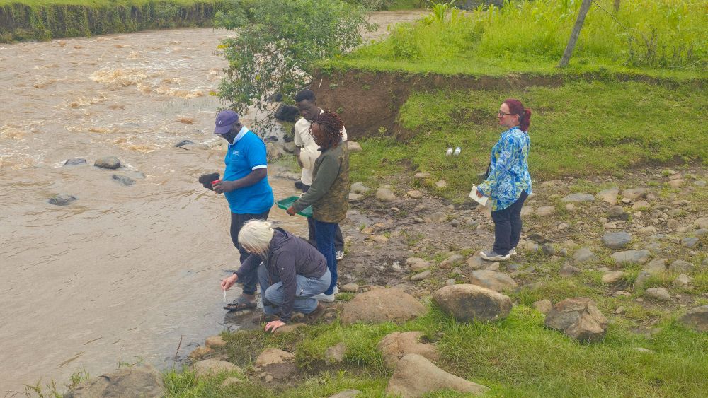 A group of people collecting water samples from a riverbank