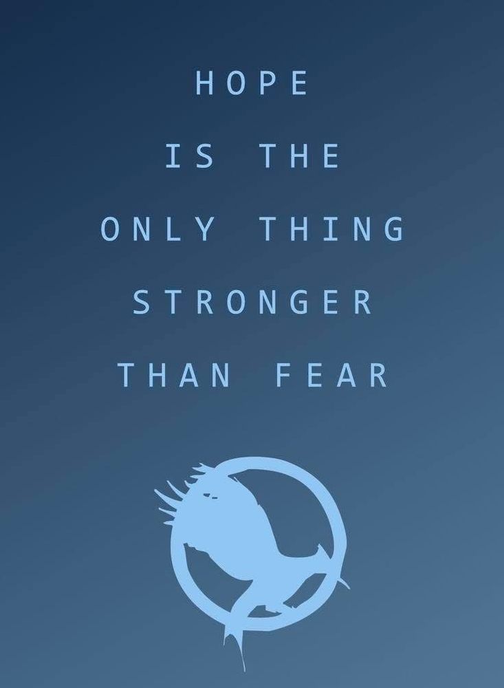 A digital graphic with a dark blue gradient background features light blue text in all capital letters that reads: ‘HOPE IS THE ONLY THING STRONGER THAN FEAR.’ Below the text, there is a parody of the Mockingjay emblem from The Hunger Games series, but instead of a bird, it features a round, cartoonish, chubby creature resembling a blobfish inside the circle, with a similar pose to the Mockingjay.