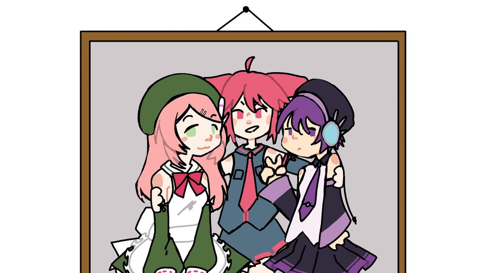 A drawing of a framed picture with three girls posing. Going from left to right there is Momo Momone, Kasane Teto and Defoko (characters that represent indie synthetic voices). In the context of the project this symbolizes what Teto has lost by becoming a professional synthetic voice.