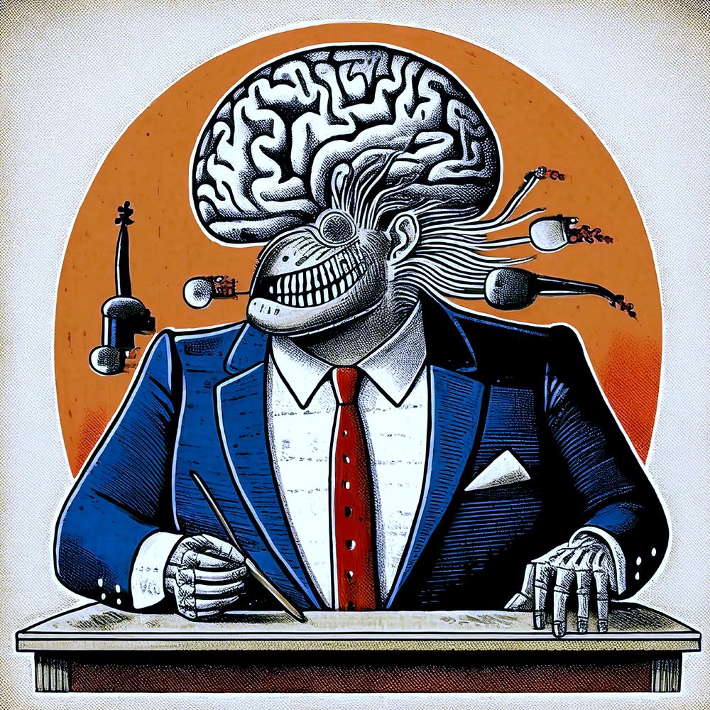 man in blue suit with huge brain
