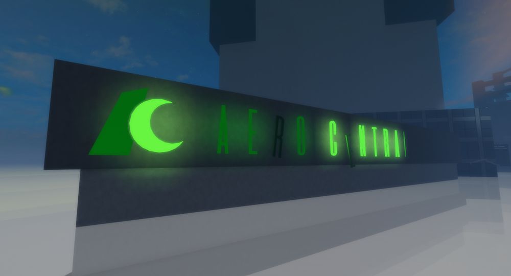 A screenshot of a building in Roblox. It says "AERO CENTRAL" with some letters having no lights. The logo is a modern looking "AC" text.