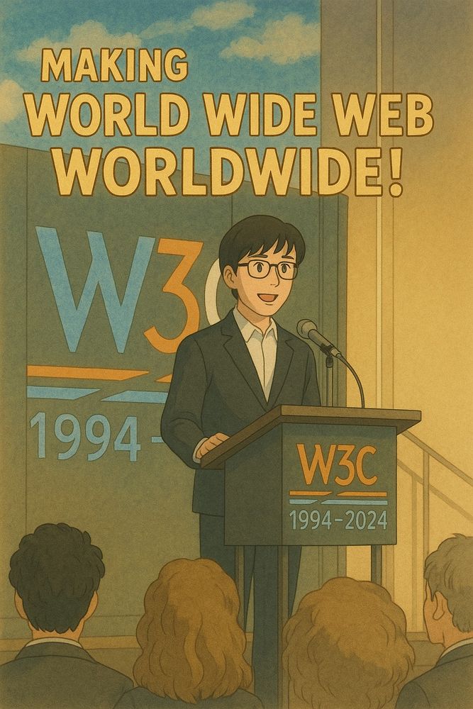 Me in anime style, wearing a suit and glasses, standing on a stage behind a podium, speaking to an audience. Behind me is a backdrop with the W3C logo and the text "1994 - 2024". The picture also says: Making the World Wide Web worldwide!