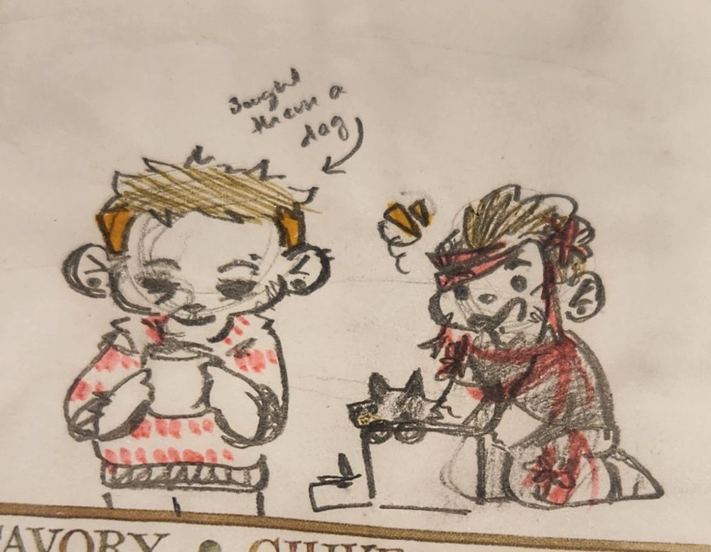 Sleepy ghost drinks something while Soap opens a presant with a puppy inside. Soap is also covered in ribbons 