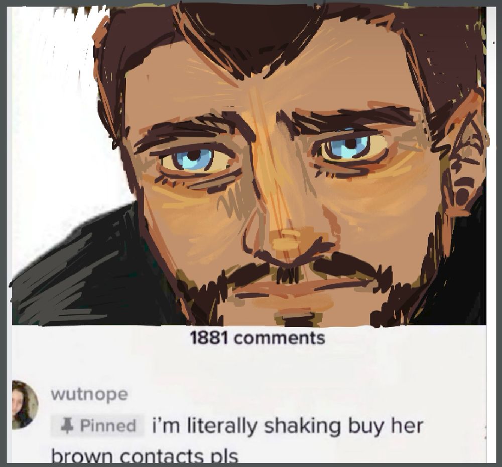 Close up on Soap’s big blue eyes. Comment reads “I’m literally shaking buy her brown contacts pls”