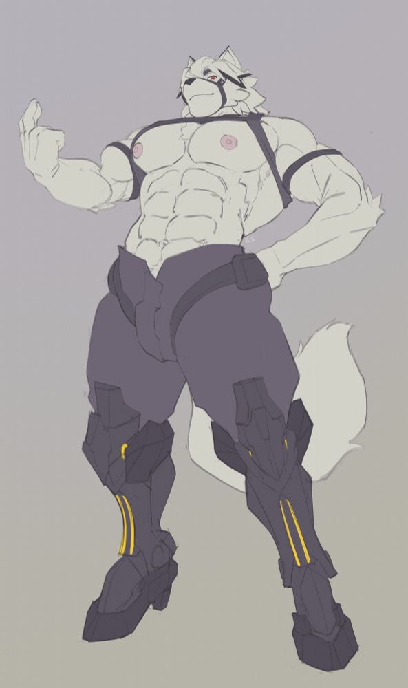 A muscular white wolf butler character with red eyes stands facing the camera. He has robotic black legs, black pants, but is topless.