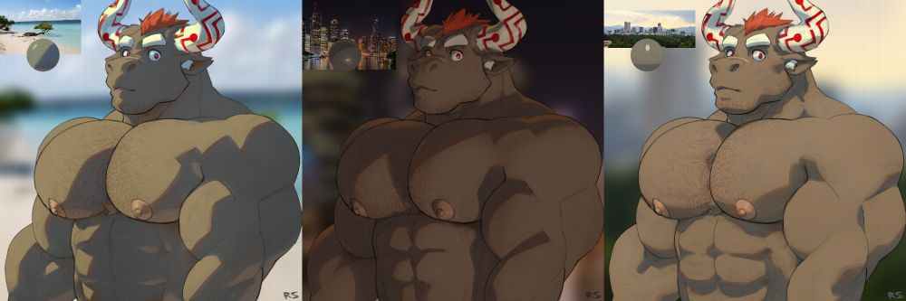 Three lighting studies featuring a muscular bull character. 