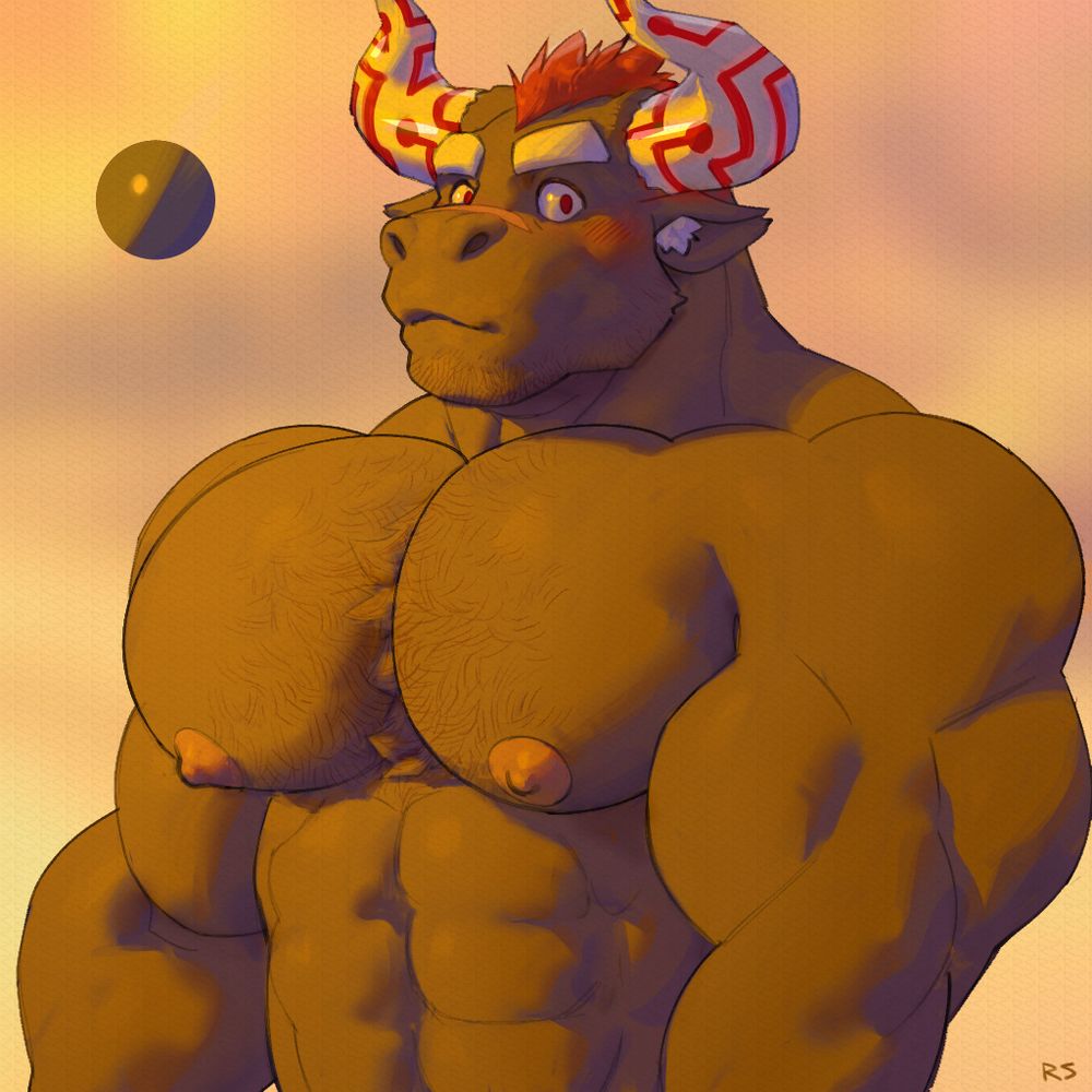 A muscular brown bull character. He is lit with yellow and purple light.