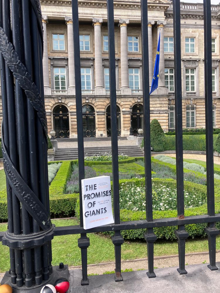 A photo of ‘The Promises Of Giants’ by John Amaechi between the railings of a fence surrounding the manicured garden of the Royal Palace in Brussels, 🇧🇪 - three juggling balls can be seen in the bottom left of the photo