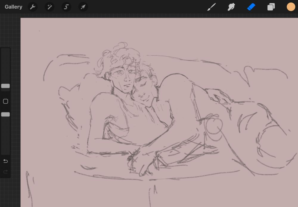 Messy digital sketch of jayce and viktor from arcane cuddling on a couch. Jayce is laying his face on viktor with his cheek squished against his chest & a happy smile on his face. Jayce has one arm folded between their bodies, and the other grabbing viktor’s wrist. Vik has one hand on jayces waist & is looking past the viewer