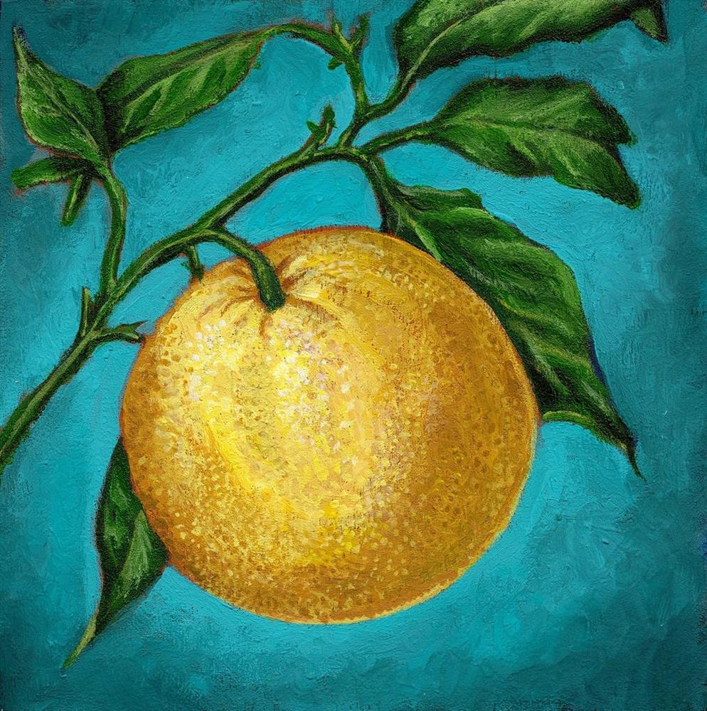 A detailed acrylic painting of a lemon on a branch centered in a square orientation, the background is teal color and there are a few green leaves. 