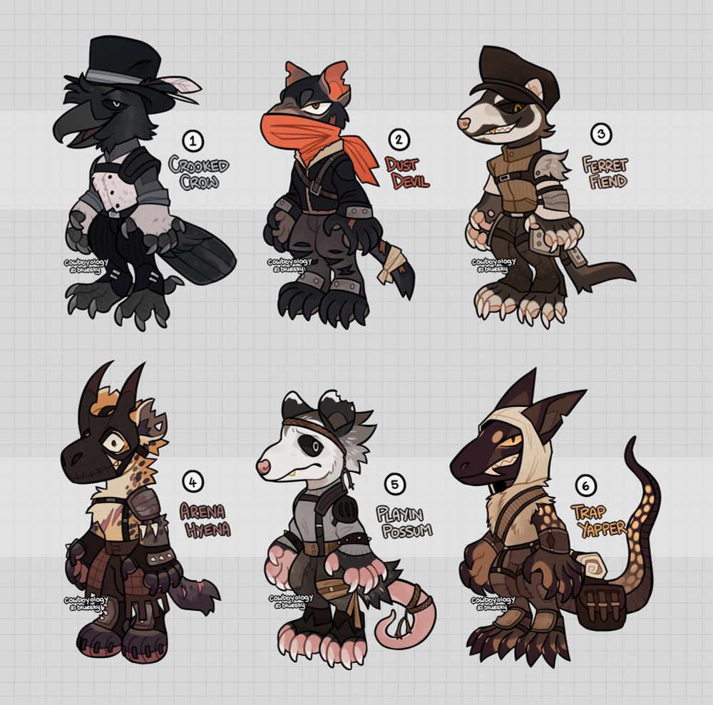 A set of 6 anthro designs with a wasteland/post-apocalypse theme. (1) 'Crooked Crow' is a well dressed raven posing as a pied crow, (2) 'Dust Devil' is a scarred Tasmanian Devil with bike leathers and bright red bandanna mouth covering, (3) 'Ferret Fiend' is a sable mask ferret with a gold tooth and facial hair markings in a mercenary's outfit, (4) 'Arena Hyena' is a scarred, crazy eyed spotted hyena with a stitched together leather mask and raider leathers in a gladiator theme, (5) 'Playin Possum' is a nervous looking Opposum in a grey sweater and patched pants with a woven leather head and tail band, (6) 'Trap Yapper' is a snake/canine mutt with dark browns and yellow spots wearing a cream hood, fur vest and patched pants carrying a western styled saddlebag and bedroll on its tail. 
