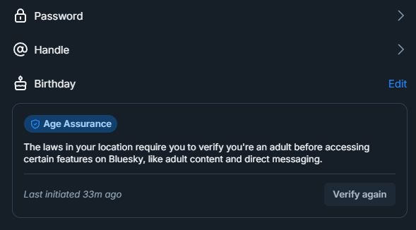 Screen clipping of The BlueSky Age verification Alert, prompting me to verify my age if I wanted to DM.