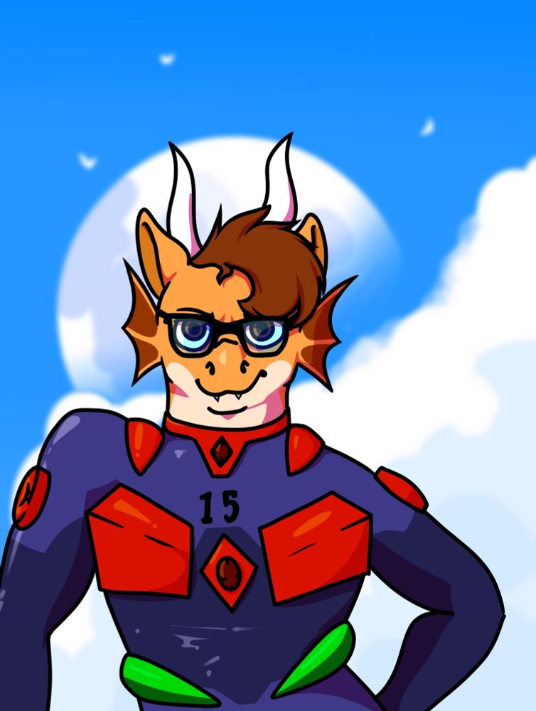 Orange dragon using a plugsuit from the anime Evangelion, looking determinedly at the viewer