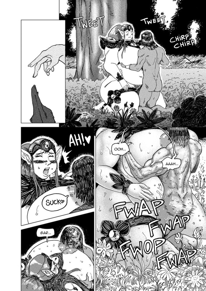 Gar is fondeling Lore's breasts, while birds are chittering in the background. He sucks on her nipples, which pleases Lore. Gar is thrusting his pelvis under her stomach.