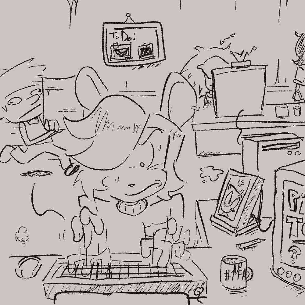 A mouse type character representing lead member MiaCDi typing on a keyboard frantically, you can also see other Juwl members working in an office space such as Joshyflip and Dynamic Lemons.