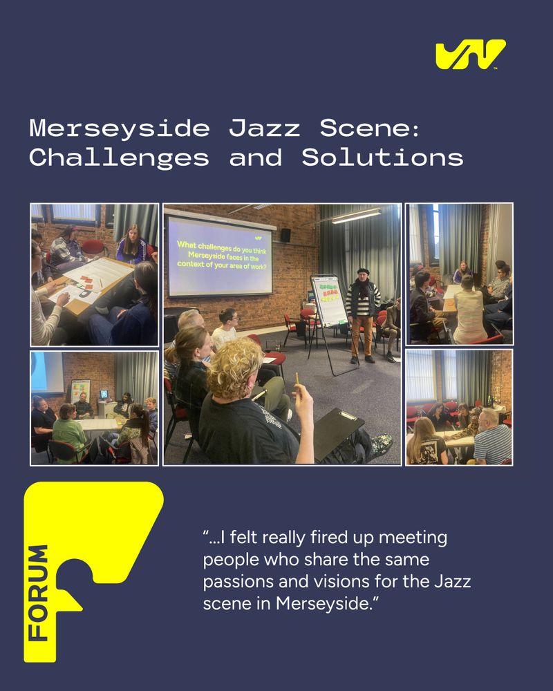 poster for the Jazz North Merseyside MeetUp forum showing photographs from the day with the title Merseyside Jazz Scene: Challenges and Solutions.