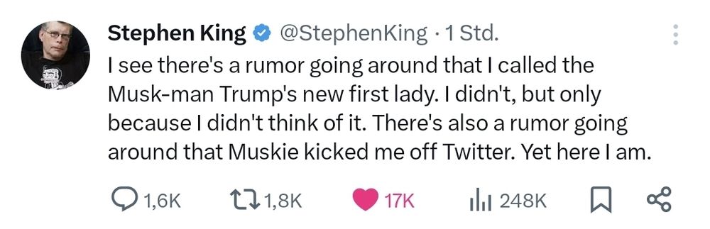 Stephen King's post on X that he hasn't been kicked off the platform