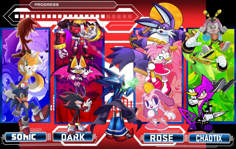 The main selection of every Sonic heroes cast and the middle stands Neo Metal Sonic holding a chaos emerald 