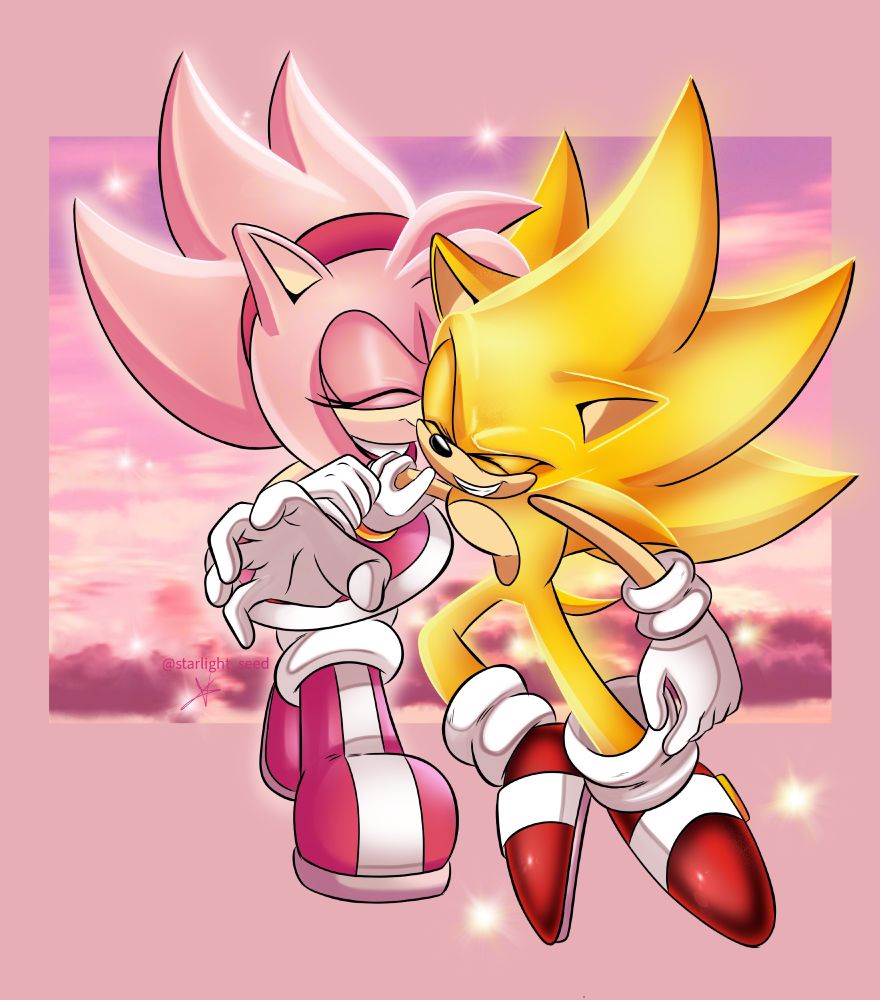 Amy pulls Sonic’s arm close to her to land a kiss on his cheek. Both in super forms
