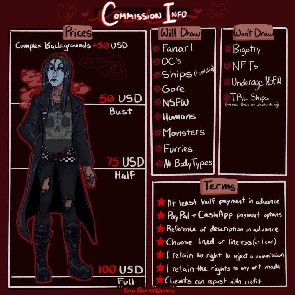 Commission Info

Prices
• Complex Background +50 USD
• Bust 50 USD
• Half Body 75 USD
• Full Body 100 USD

Will Draw
•fanart
•original characters
•ships (self-ships included)
•gore
•NSFW
•humans
•monsters
•furrys
•all body types

Wont Draw
•Bigotry
•NFT
•underage nsfw
• IRL ships (unless they are already together)

Terms
•half payment upfront
•Paypal or Cashapp payment options
•description or reference in advance
•choose between lined art or lineless or i will choose for you
•i retain the right to reject any commissions
•i retain all rights to any artwork made
•clients can repost art with credit