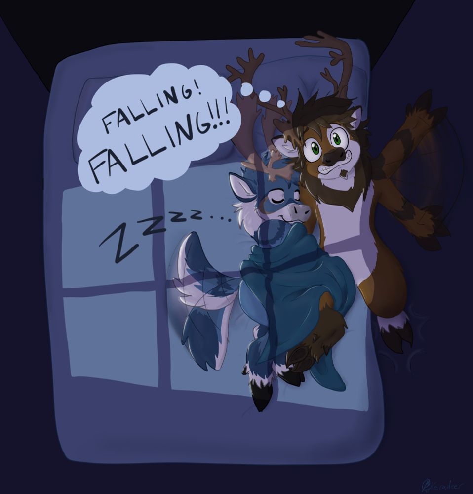 Two chibi caribou sharing a bed. Tam, the blue one, is snuggled up to Remi, the brown one. But Tam has also pushed him to the edge of the bed, where Remi is flailing to stay on