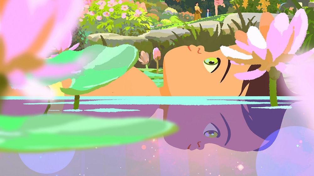 Little Amelie, an animated toddler floating in a lily pond with her reflection 