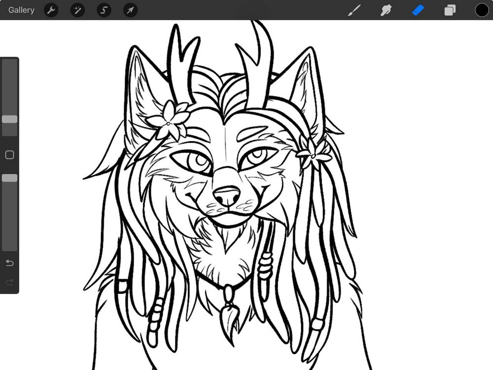 Work in progress of a coyote fursona with antlers and dreadlocks! 
Digital line art, cuts off from the chest area.