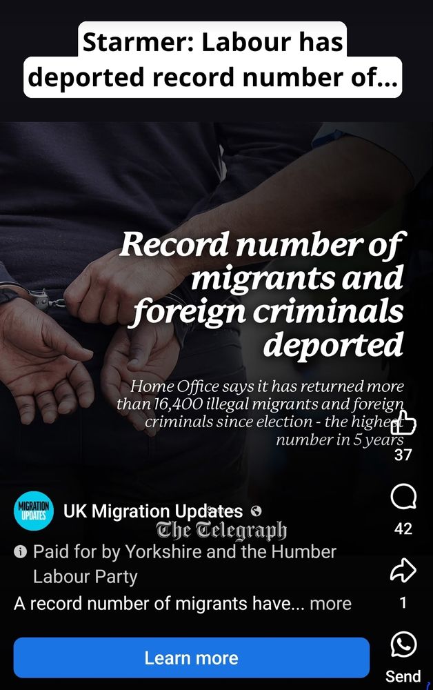 Ad reads "record number of migrants and foreign criminals deported"
Information at the bottom says "paid for by Yorkshire and the Humber Labour Party"