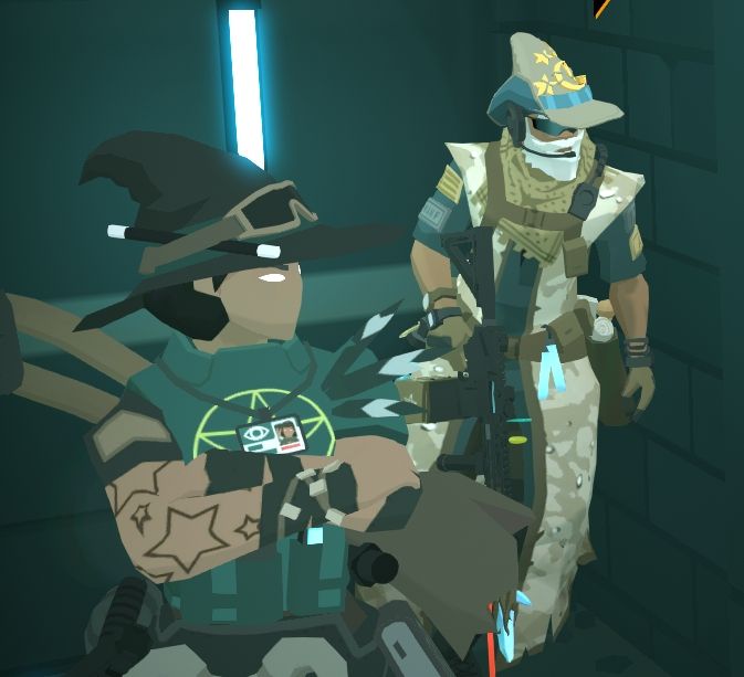 A wizard in camouflage pattern robes, and a witch with star tattoos, and a wand tucked into a band on her hat.