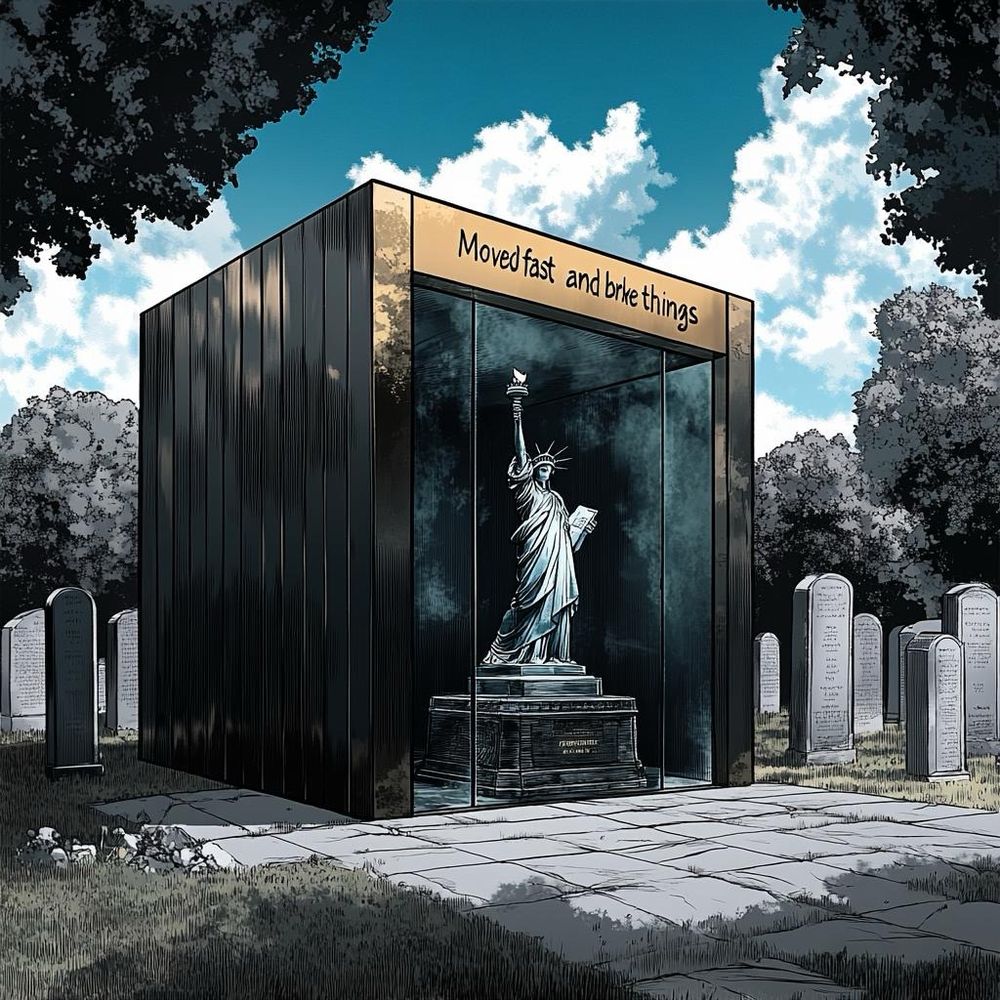 An AI generated image of a human-sized Statue of Liberty inside a glass tomb in a grave yard, with the caption “moved fast and broke things”. The color scheme is muted and grey, and the grass slightly unkempt. There are bushy trees and puffy clouds in the background. The mausoleum’s brass isn’t even that shiny.