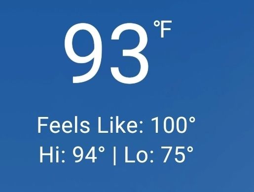 Reads 93°F
Feels Like: 100°F
Hi: 94° Lo: 75°
