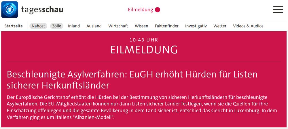 Top-Thema Beschleunigte Asylverfahren: EuGH erhöht Hürden für Listen sicherer Herkunftsländer

Stand: 01.08.2025 10:43 Uhr (Tagesschau)

Der Europäische Gerichtshof erhöht die Hürden bei der Bestimmung von sicheren Herkunftsländern für beschleunigte Asylverfahren. Die EU-Mitgliedstaaten können nur dann Listen sicherer Länder festlegen, wenn sie die Quellen für ihre Einschätzung offenlegen und die gesamte Bevölkerung in dem Land sicher ist, entschied das Gericht in Luxemburg. In dem Verfahren ging es um Italiens "Albanien-Modell". 