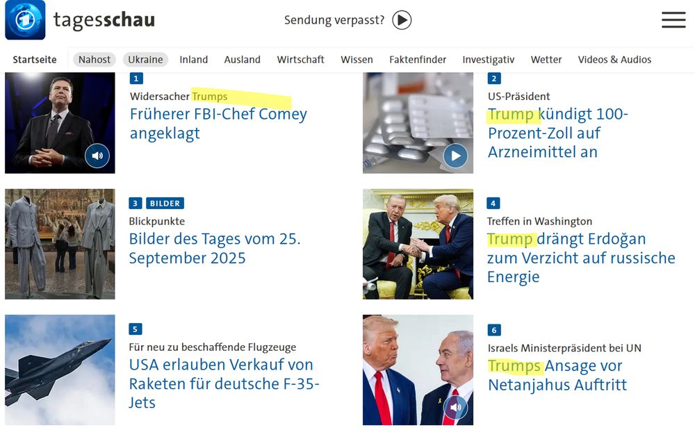 Tagesschau - 4 der 6 ersten Artikel über Trump (der Name Trump ist markiert).