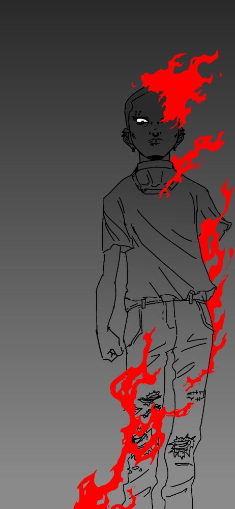 Digital drawing of a character looking down at the viewer stoically. They are on fire, with flames covering the left leg, right arm, and right side of the head. Everything is a grayscale gradient except the fire which is a bright red.