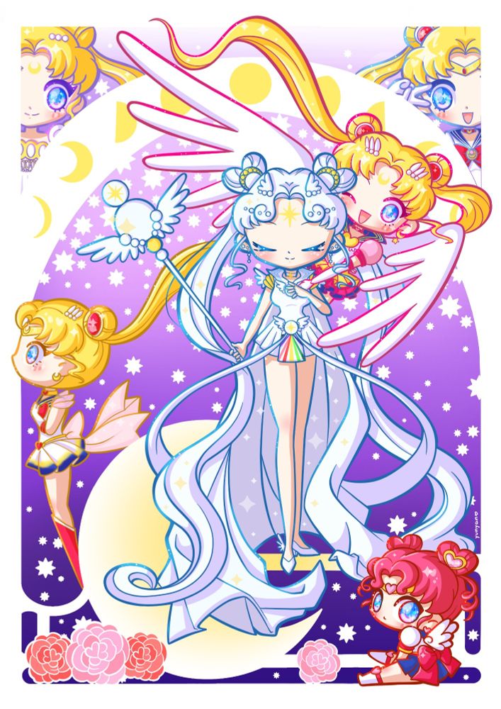 Ilustração com as formas de Sailor Moon, Princesa, Sailor Moon, Super Sailor Moon, Eternal Sailor Moon, Sailor Cosmos e Sailor Chibi Chibi em uma composição ART Nouveua