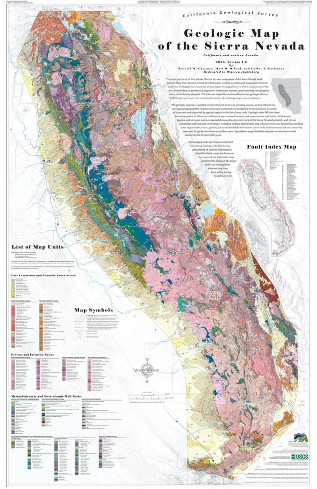 Geologic map of the Sierra Nevada Mountains. The different colors on the map are different types of rocks.