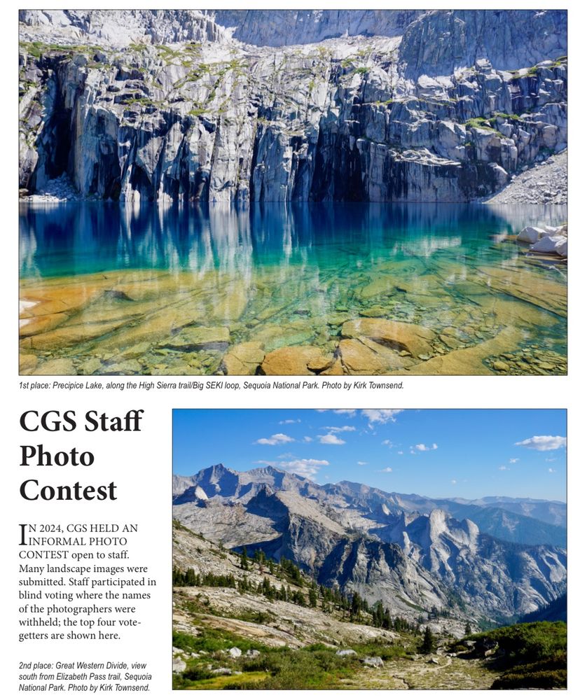 CGS Staff Photo Contest showing 2 of the winning images. The top image shows vertically oriented rocks of Precipice Lake reflected in a pool of clear blue water that fades to a brown green near the edges. The bottom image shows a rugged mountainous landscape with trees and a meadow in the foreground.