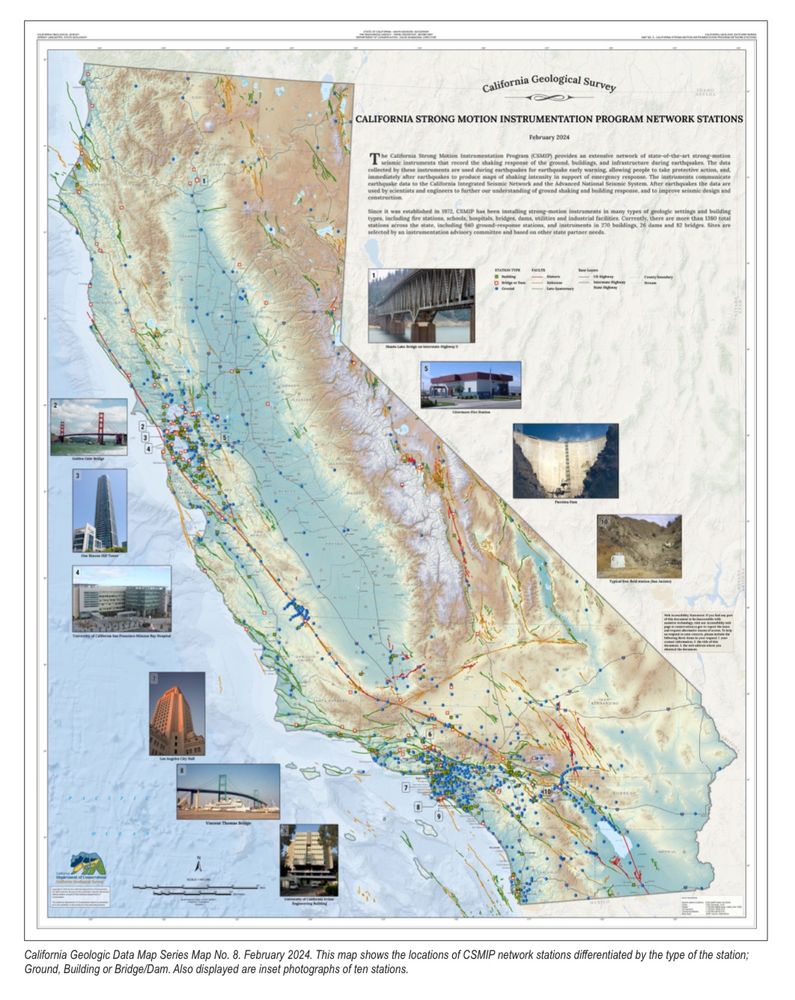 Map of California showing the location of SMIP stations. Most stations are concentrated in urban areas. Around the edges of the map are pictures showing buildings and infrastructure that are instrumented.