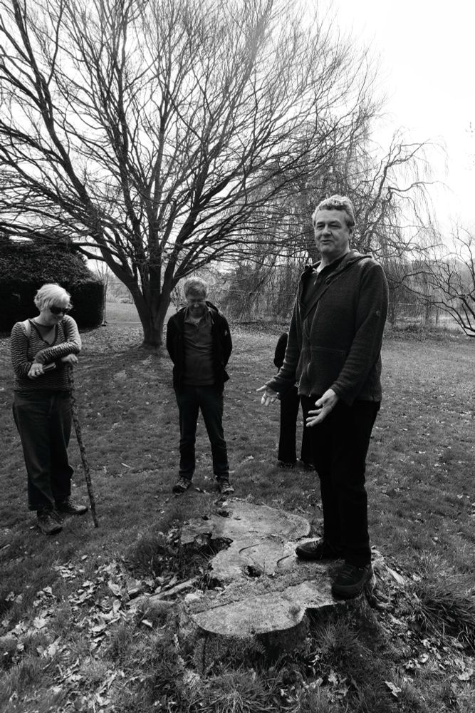 The artist Tony Wade stands on the stump of a lost ancient tree, while people look sadly on. 