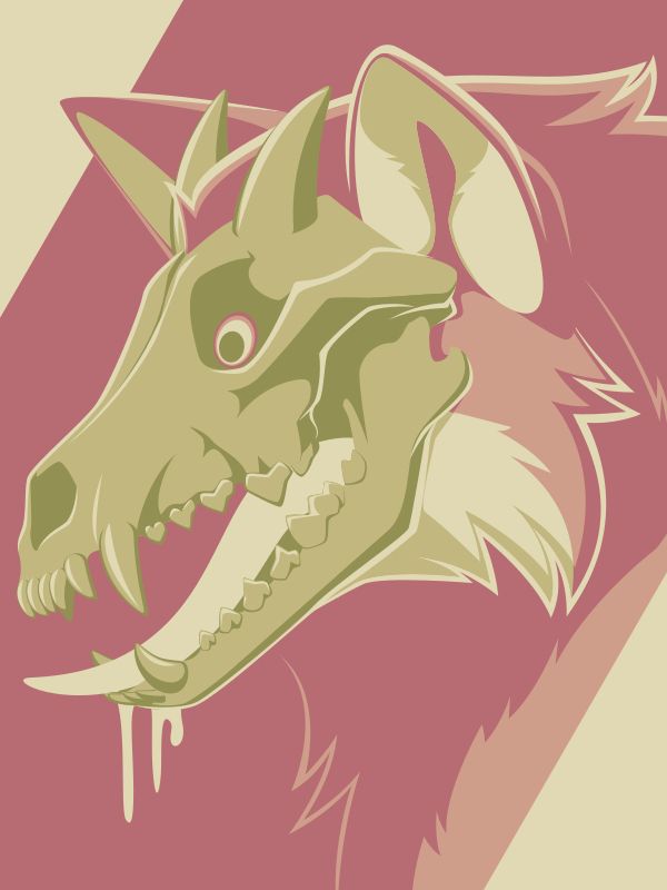 A vector portrait of a wolf monster with horns and a skull for a face, drawn in flat colors: shades of pink, yellow-green, and light yellow