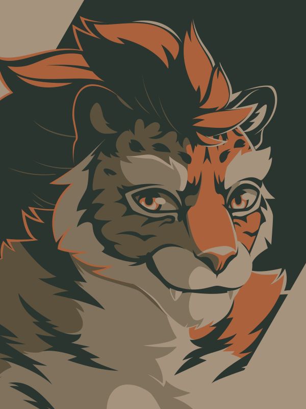 A vector portrait of an anthro tiger-like feline with a large fluffy mohawk mane down their neck, drawn in flat colors: dark gray, three shades of gray brown, and orange.