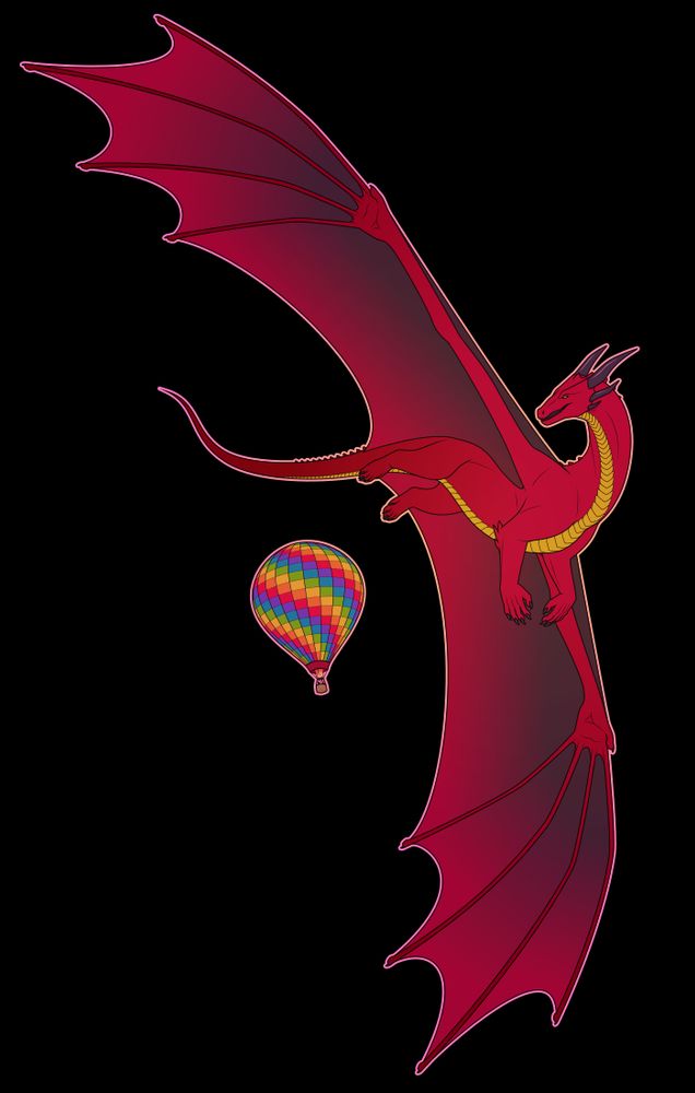 A flat-colored illustration of a massive red dragon looking annoyed as he flies by a hot air balloon, which appears small compared to him.