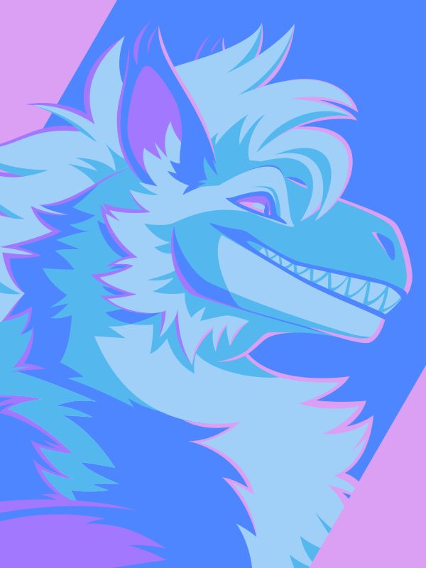A vector portrait of a fluffy raptor-type dinosaur, drawn in flat colors: pink, purple, and three shades of blue
