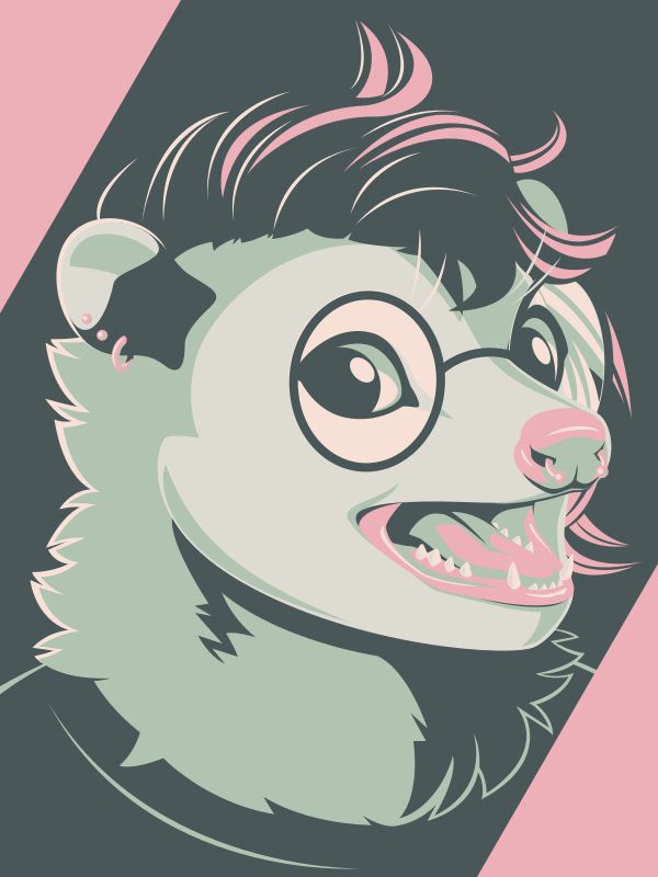 A vector portrait of an anthro opossum wearing glasses and piercings, drawn in flat colors: white, pink, and three shades of green