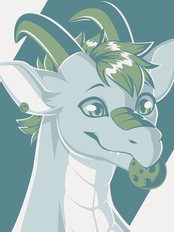 A vector portrait of a dragon with a cookie in his mouth, drawn in flat colors: white, shades of gray, soft green, and teal