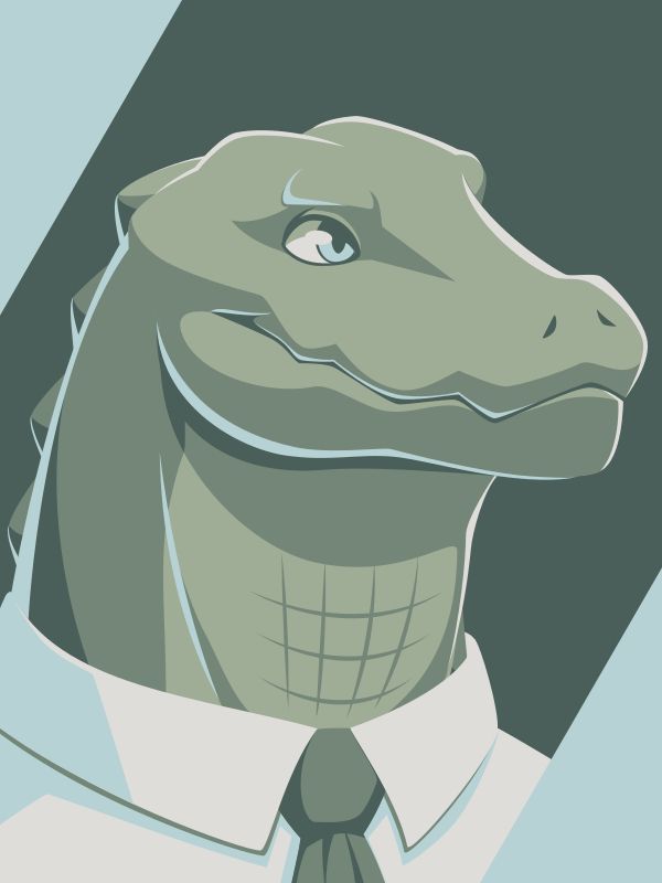 A vector portrait of an anthro alligator in business attire, drawn in flat colors: light blue, off white, and three shades of green.