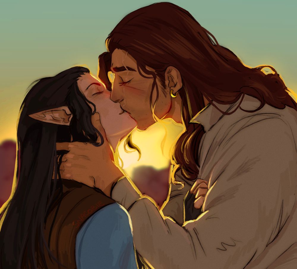 Digital art of my Pillars of Eternity character Levi kissing Aloth in front of a sunset.