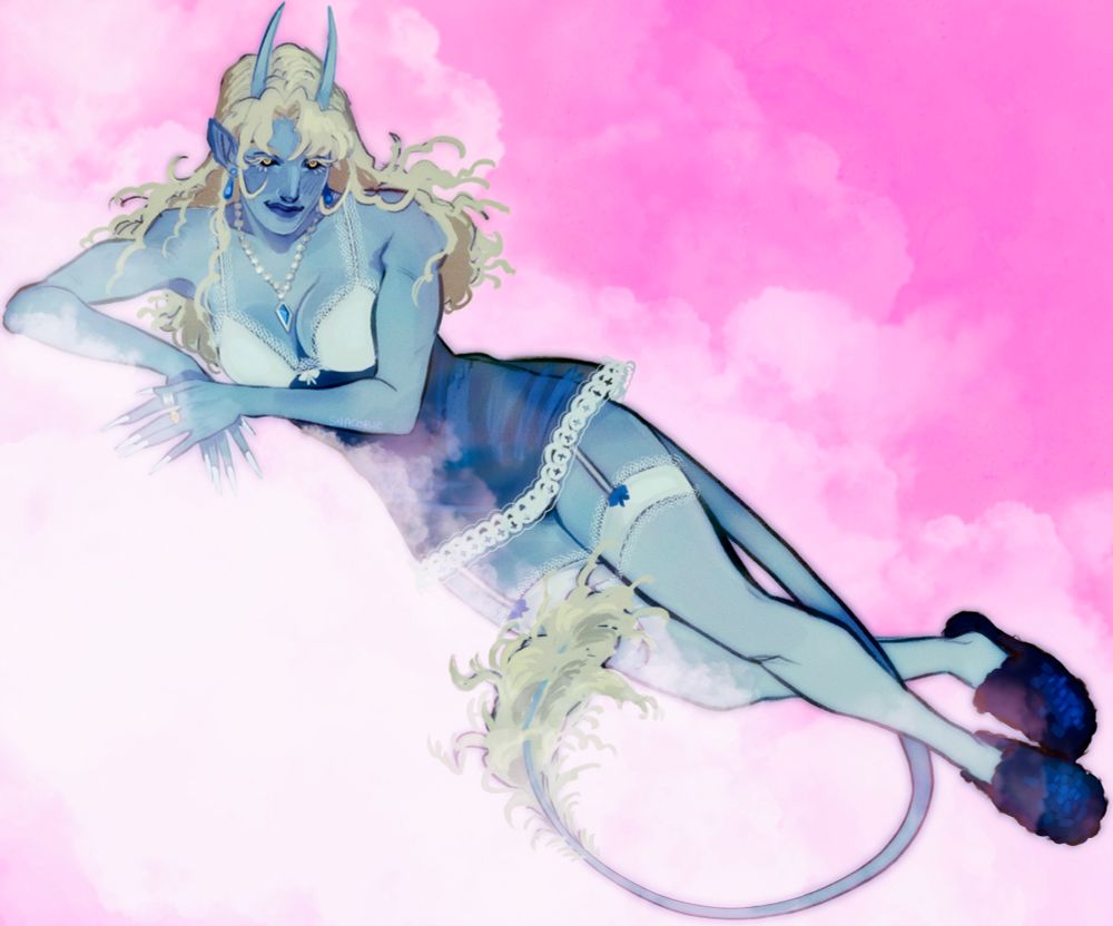 Digital painting of a light blue Tiefling lounging in blue and white lingerie.  The background is cloudy and pink.