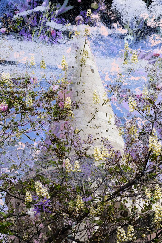 Photo collage consisting of floral elements and the conical shape of the structure at fisherman's bastion in budapest 