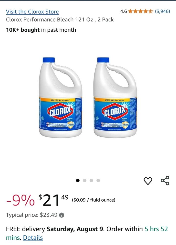 Amazon page for two bottles of bleach 
